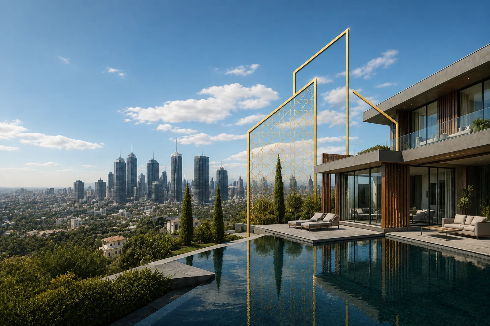 Villa en plein jour, piscine à débordement, arche dorée et skyline urbain sous un ciel bleu