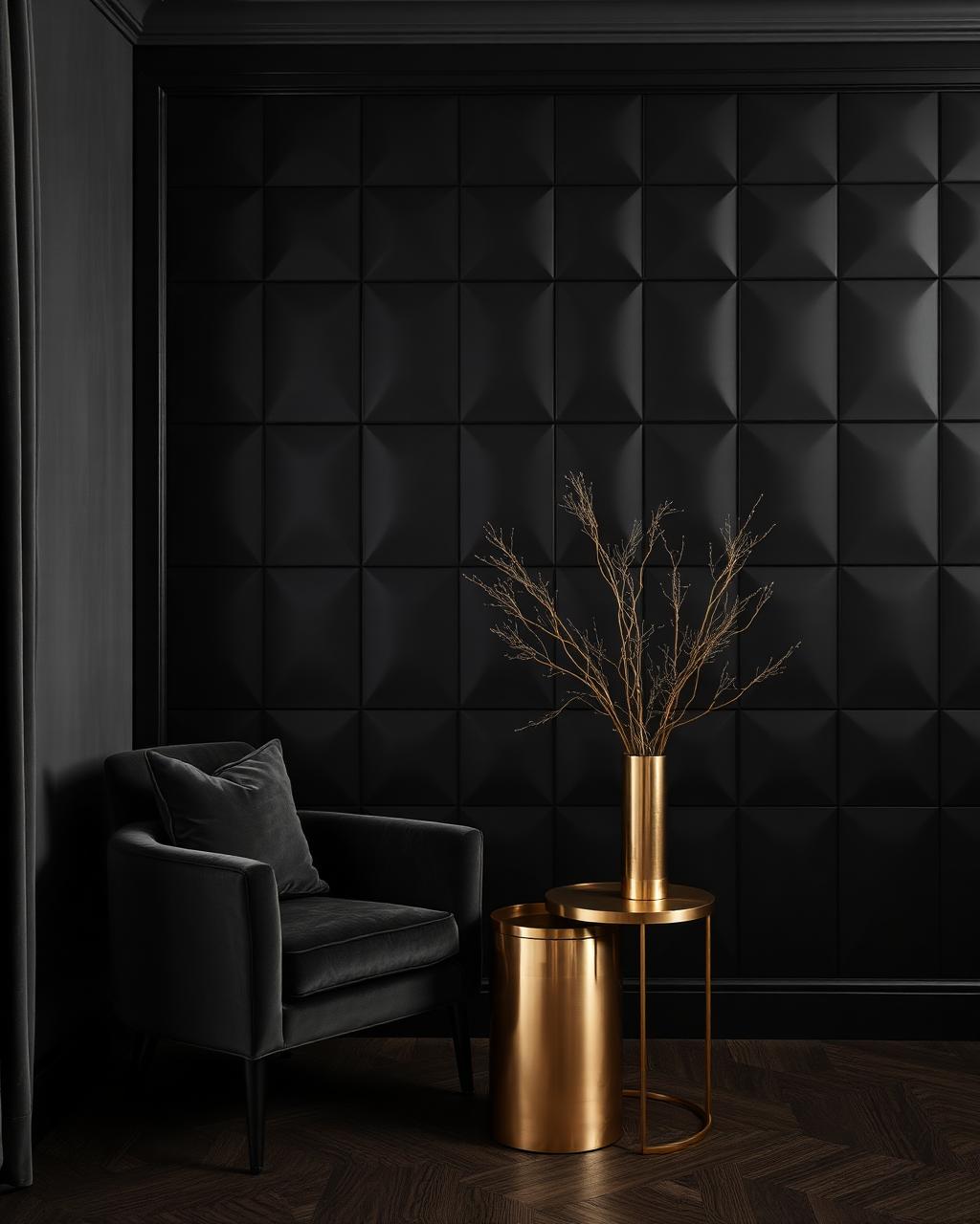 Salon feutré aux boiseries noires et accents dorés, ambiance signature SABAB
